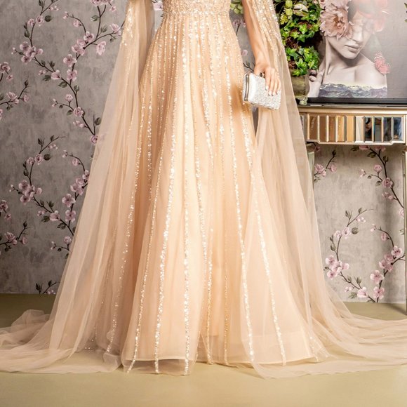 NEW LONG A-LINE MESH FOMRAL DRESS EMBROIDERED WITH SEQUINS & SIDE CAPES GL3494 - Picture 7 of 12